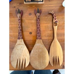 Hand Carved Wooden Giraffe Salad Server Set 3 Piece African Safari Folk Art 12in